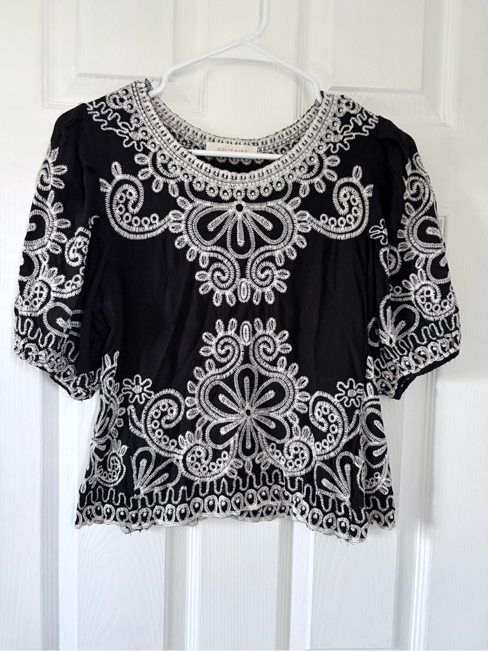 Solitaire Black Top with White Embroidered Detail